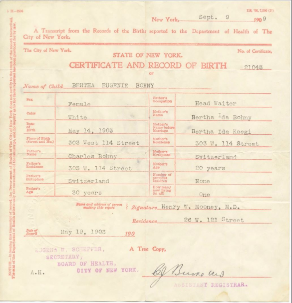 Billie's birth certificate 